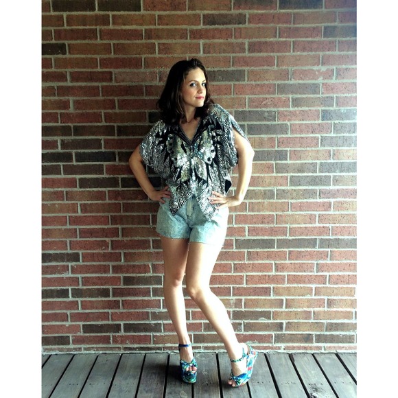 vintage 70s BUTTERFLY SEQUIN silk party statement top cocktail avant garde - Picture 3 of 10